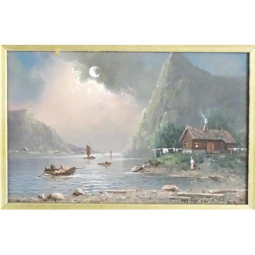 1577 - Nils Hans Christiansen (1850-1922), Oil on board, A Norwegian moonlit fjord with sailing boats. Sign... 