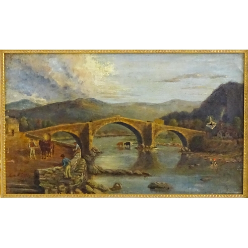 1582 - Lucas P. Stubbs, 19th century, Oil on canvas, A stone arch bridge over a river with cattle watering.... 