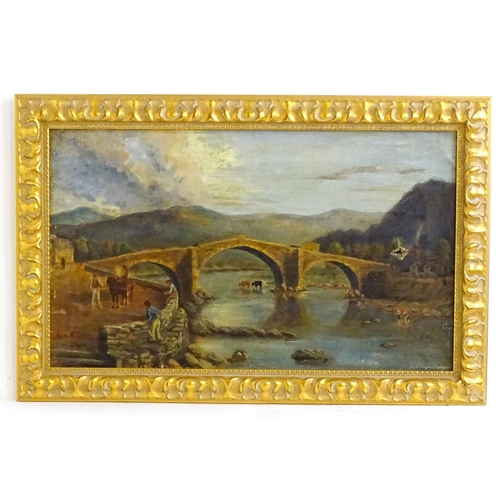 1582 - Lucas P. Stubbs, 19th century, Oil on canvas, A stone arch bridge over a river with cattle watering.... 