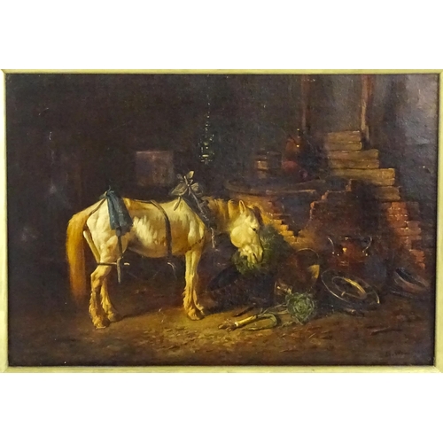 1583 - L. M. Webb, 19th century, Oil on canvas, A barn interior scene with a horse, terracotta pots, cabbag... 