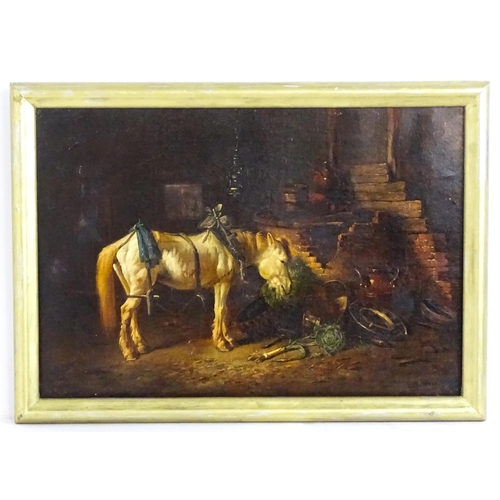 1583 - L. M. Webb, 19th century, Oil on canvas, A barn interior scene with a horse, terracotta pots, cabbag... 