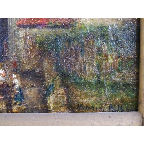 1591 - 19th century, French School, Oil on canvas, A street scene with church tower and figures, possibly A... 