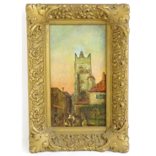 1591 - 19th century, French School, Oil on canvas, A street scene with church tower and figures, possibly A... 