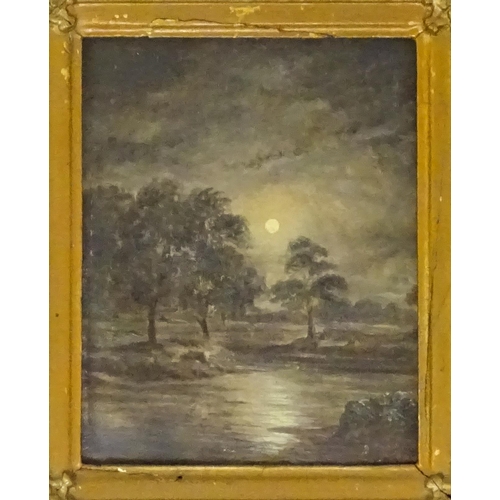 1593 - 20th century, Oil on board, Moonlit trees by the water at Clapham Common. Ascribed verso In Clapham ... 