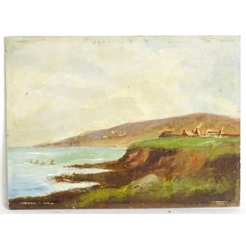 1594 - 20th century, Oil on board, A coastal scene with village and flying gulls. Approx. 9