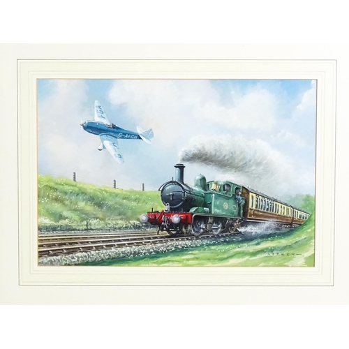 1654 - Kenneth C. Aitken (b. 1929), Watercolour, Aviation and locomotive interest, A G.W.R. steam train and... 