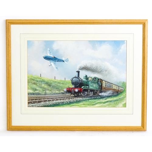 1654 - Kenneth C. Aitken (b. 1929), Watercolour, Aviation and locomotive interest, A G.W.R. steam train and... 