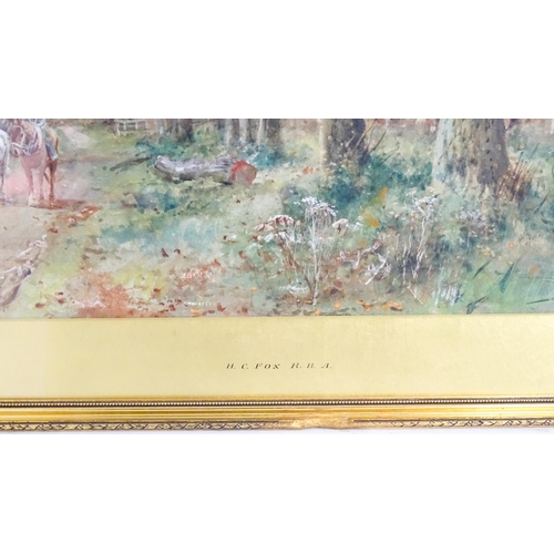 1655 - Henry Charles Fox (1855-1929), Watercolour, A wooded country lane with horses. Signed and dated 1919... 