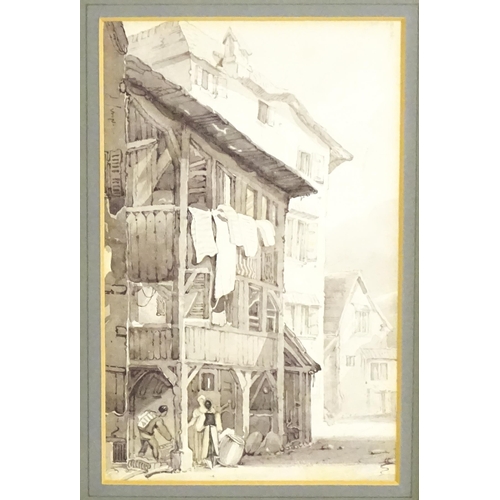 1663 - Late 19th / early 20th century, Watercolour, A Continental street scene with figures. Approx. 8 1/4