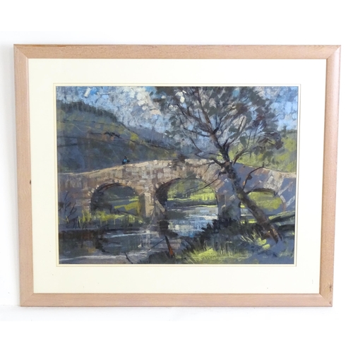 1673 - Aubrey Francis Sykes (1910-1995), Pastel on paper, A river landscape with stone arch bridge. Signed ... 