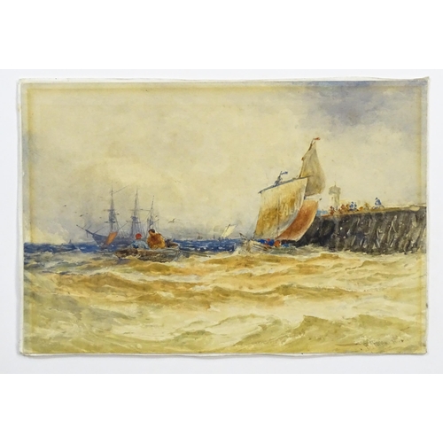 1777 - 19th century, Watercolour, A harbour scene with boats and ships at sea. Signed lower right. Indistin... 