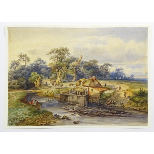 1778 - Edouard Auguste Nousveaux (1811-1867), Watercolour, A landscape scene with a watermill with cattle w... 