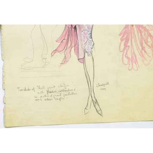 1797 - William Chappell (1907-1994), Three Watercolour and ink costume / fashion designs, to include a pink... 