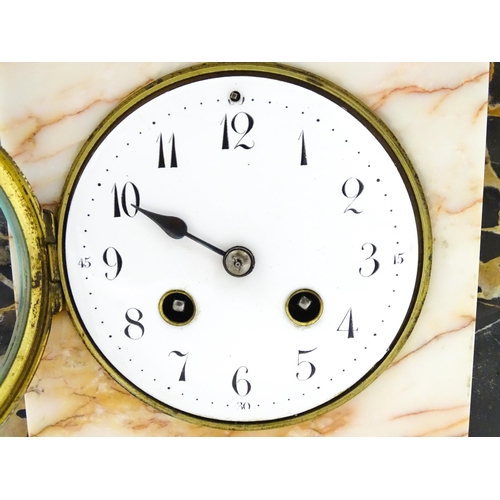 1303 - A French Art Deco marble cased clock and garnitures. The clock with white enamel dial, the 8-day mov... 