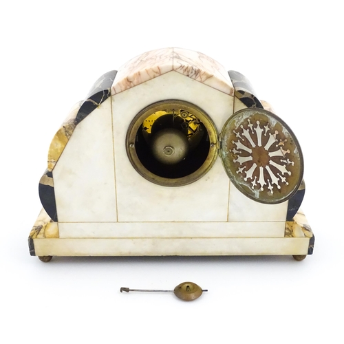 1303 - A French Art Deco marble cased clock and garnitures. The clock with white enamel dial, the 8-day mov... 