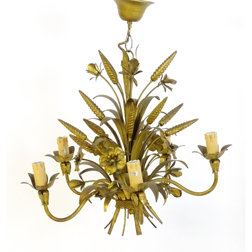 1312 - A mid 20thC gilt toleware pendant light electrolier, formed as a wheatsheaf / bouquet with five bran... 