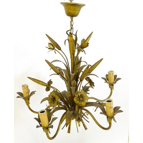 1312 - A mid 20thC gilt toleware pendant light electrolier, formed as a wheatsheaf / bouquet with five bran... 