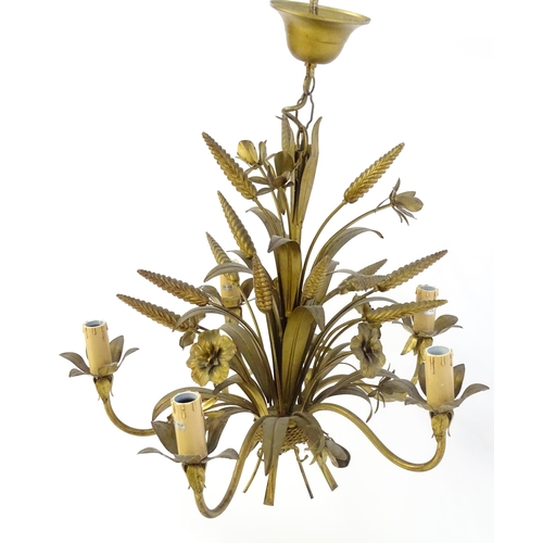 1312 - A mid 20thC gilt toleware pendant light electrolier, formed as a wheatsheaf / bouquet with five bran... 