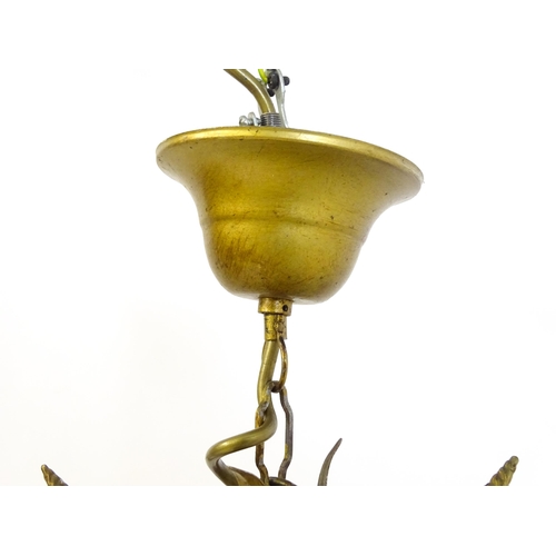 1312 - A mid 20thC gilt toleware pendant light electrolier, formed as a wheatsheaf / bouquet with five bran... 