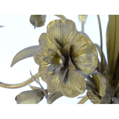 1312 - A mid 20thC gilt toleware pendant light electrolier, formed as a wheatsheaf / bouquet with five bran... 