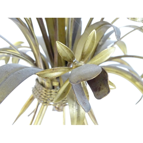 1312 - A mid 20thC gilt toleware pendant light electrolier, formed as a wheatsheaf / bouquet with five bran... 