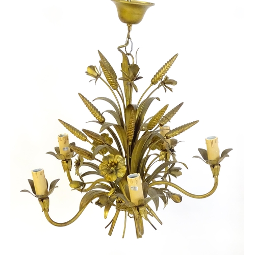 1312 - A mid 20thC gilt toleware pendant light electrolier, formed as a wheatsheaf / bouquet with five bran... 