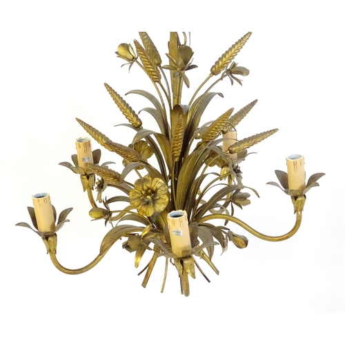 1312 - A mid 20thC gilt toleware pendant light electrolier, formed as a wheatsheaf / bouquet with five bran... 