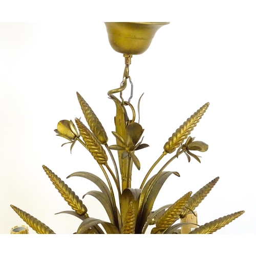 1312 - A mid 20thC gilt toleware pendant light electrolier, formed as a wheatsheaf / bouquet with five bran... 