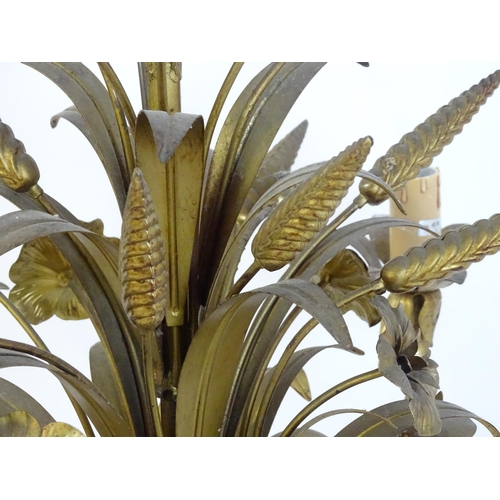 1312 - A mid 20thC gilt toleware pendant light electrolier, formed as a wheatsheaf / bouquet with five bran... 