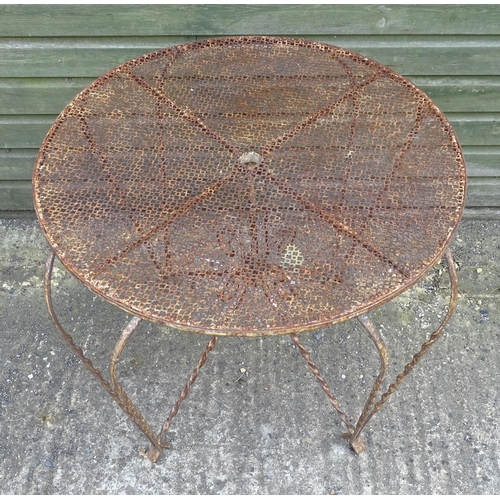 1322 - Mid 20thC wrought iron bistro / garden / patio furniture, comprising four chairs and circular table ... 