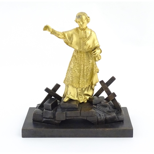 1015 - A late 19th / early 20thC Continental bronze sculpture depicting an ormolu Cardinal figure on a brid... 