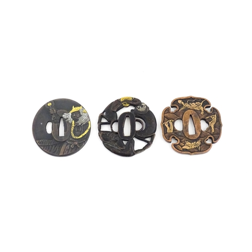 1042 - Three Japanese tsuba / sword hand guards one depicting the Three Wise Monkeys embodying the proverb ... 