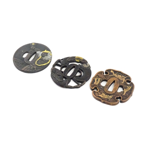 1042 - Three Japanese tsuba / sword hand guards one depicting the Three Wise Monkeys embodying the proverb ... 