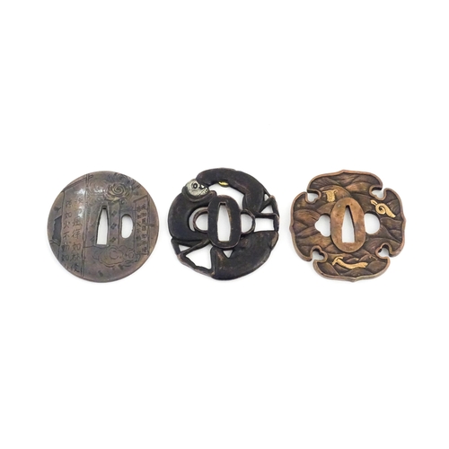 1042 - Three Japanese tsuba / sword hand guards one depicting the Three Wise Monkeys embodying the proverb ... 