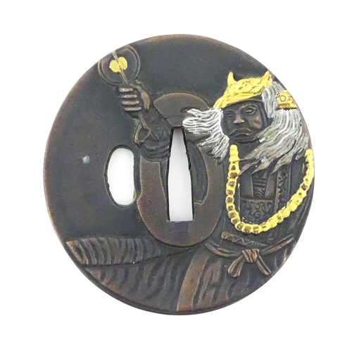 1042 - Three Japanese tsuba / sword hand guards one depicting the Three Wise Monkeys embodying the proverb ... 