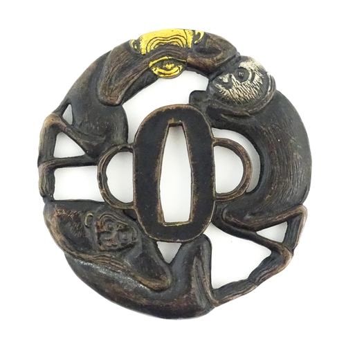 1042 - Three Japanese tsuba / sword hand guards one depicting the Three Wise Monkeys embodying the proverb ... 