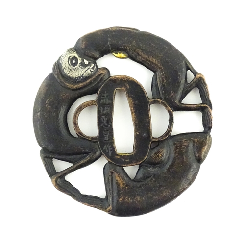 1042 - Three Japanese tsuba / sword hand guards one depicting the Three Wise Monkeys embodying the proverb ... 