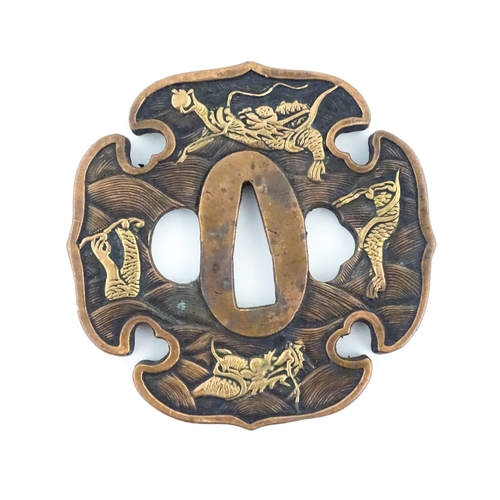 1042 - Three Japanese tsuba / sword hand guards one depicting the Three Wise Monkeys embodying the proverb ... 