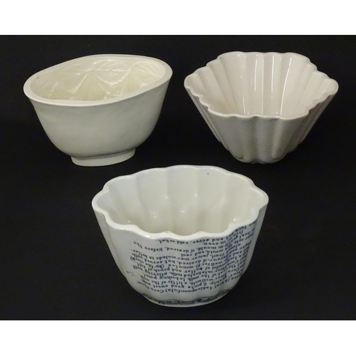 1080 - Three early 20thC ceramic jelly / blancmange moulds, to include a Copeland example with strawberry d... 