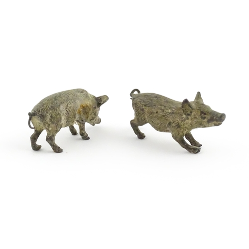 1116A - Two Continental cold painted bronze models of pigs / boars. Stamped Geschutzt under. Approx. 2