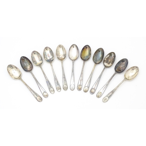 539 - Eleven silver teaspoons with engraved armorials to handles, hallmarked Sheffield 1918, maker Cooper ... 