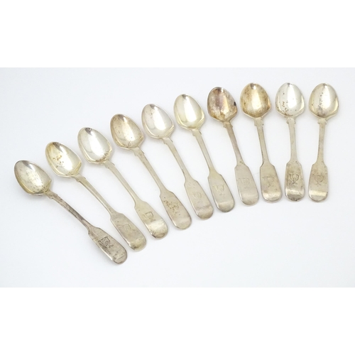 541 - Ten Victorian silver Fiddle pattern egg spoons, hallmarked London 1848, maker Elizabeth Eaton. Appro... 