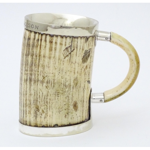 546 - A christening mug the body formed from antler with silver plate mounts. Approx. 4