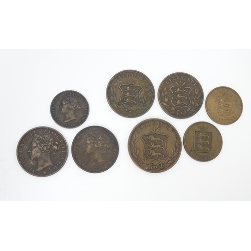 785A - Coins: Eight 19thC Channel Island coins to include examples for Jersey and Guernsey (8)