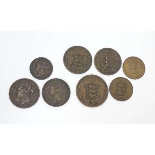 785A - Coins: Eight 19thC Channel Island coins to include examples for Jersey and Guernsey (8)