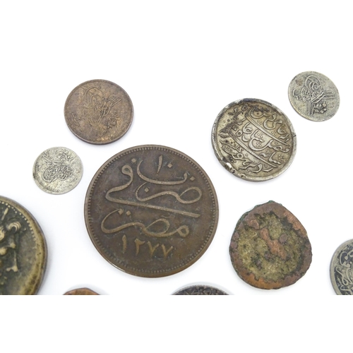 785B - Coins: A quantity of assorted old coins to include examples from Persia, Morocco, Egypt, etc. to inc... 