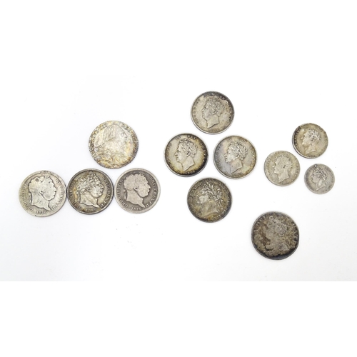 789A - Coins: Assorted 18th and 19thC coins to include George III, George IV, a Queen Anne, some silver exa... 