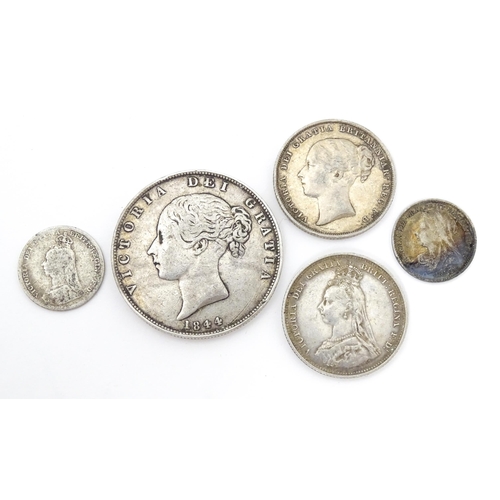 790A - Coins : Five assorted Victorian silver coins to include one dated 1844 (5)