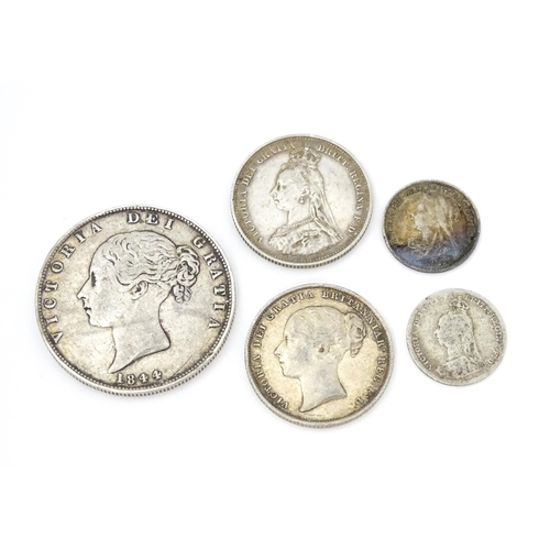 790A - Coins : Five assorted Victorian silver coins to include one dated 1844 (5)