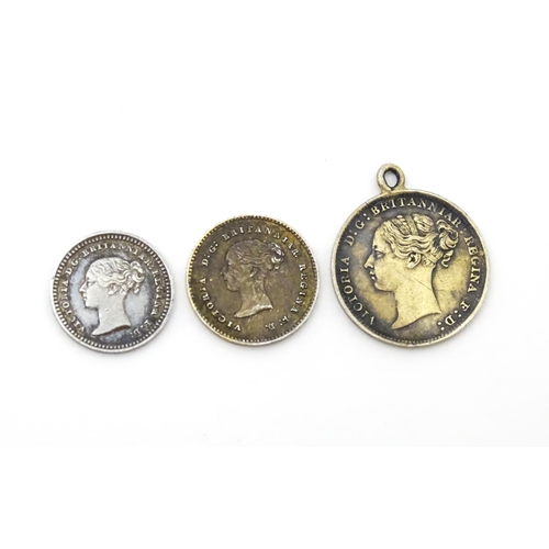 791A - Coins: Three Victorian coins to include an 1883 three pence, an 1843 1 1/2 pence coin, etc. (3)